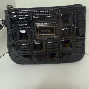 Nine West Faux Leather Black Zip Wallet Clutch Wristlet Silver Tone Accents